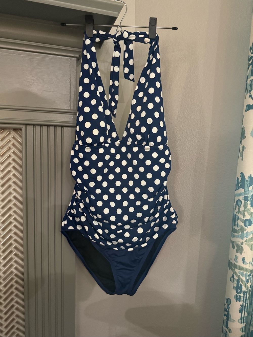 Chaps Navy and White Polka Dot Halter One-Piece Swimsuit